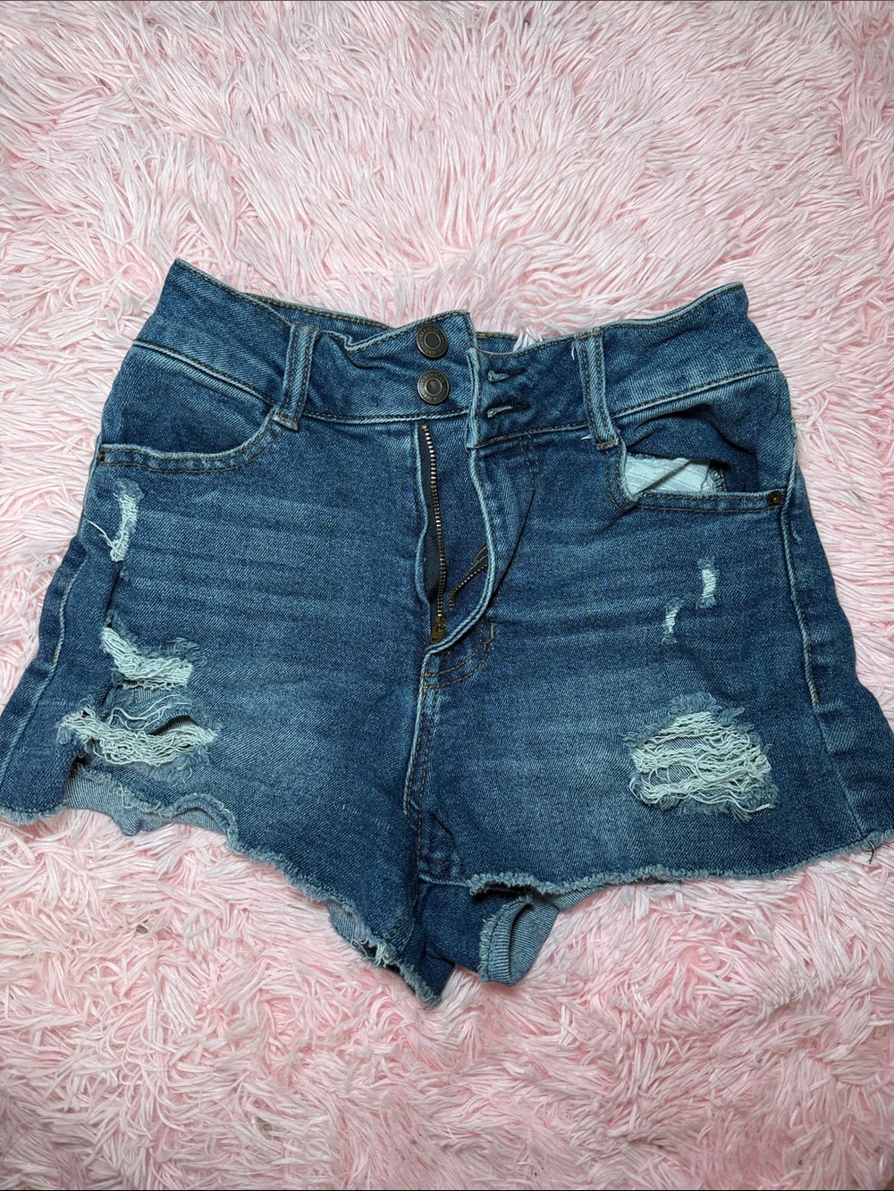 Vanilla Star Blue Distressed High-Rise Jean Shorts